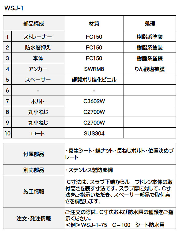 カネソウ 鋳鉄製ルーフドレン バルコニー中継 水はね防止型用 防水層張掛け幅60mm たて引き用 打込型 差し込み式 WSJ-1-65 呼称65mm C寸法201〜500mm_2