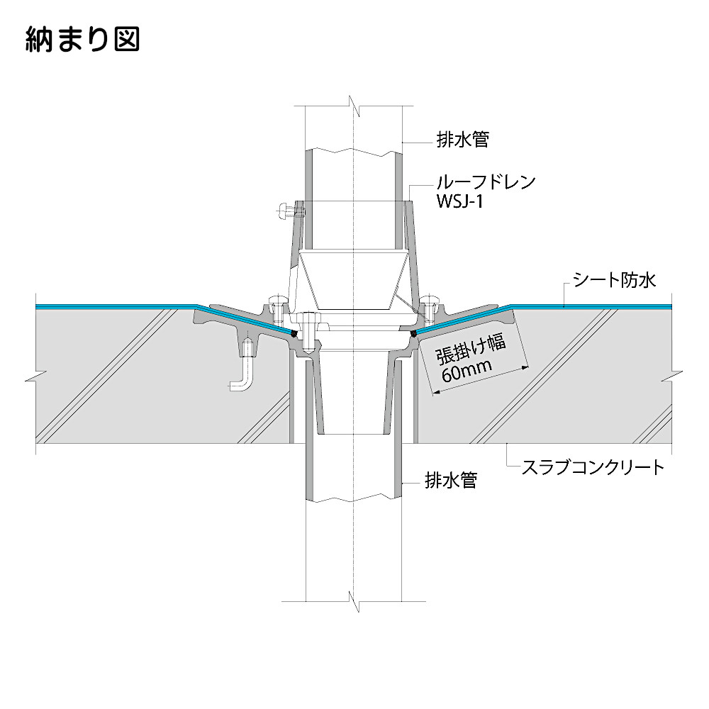 カネソウ 鋳鉄製ルーフドレン バルコニー中継 水はね防止型用 防水層張掛け幅60mm たて引き用 打込型 差し込み式 WSJ-1-65 呼称65mm C寸法201〜500mm_5