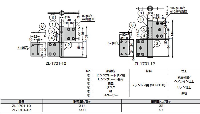 ステンレス鋼製旗丁番 ZweiL ZL-1701-10-8 鏡面/ヘアライン耐荷重