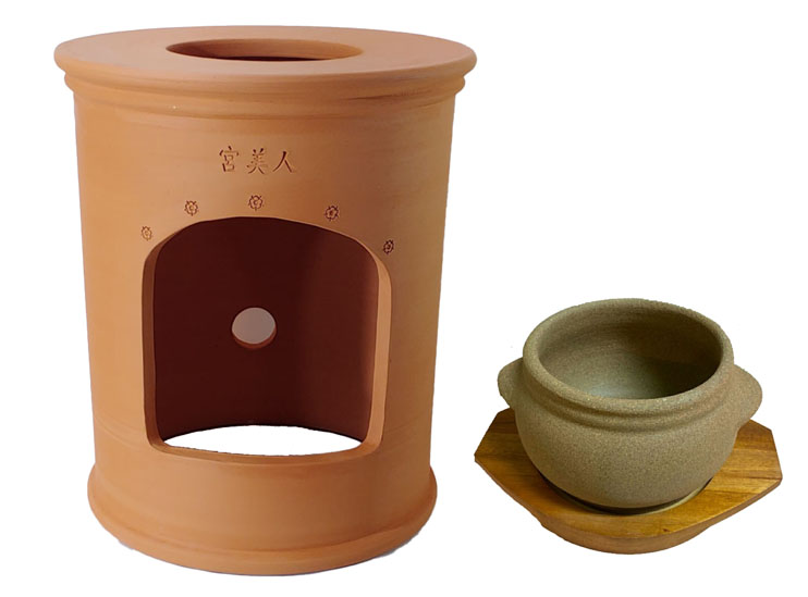黄土ヨモギ蒸し椅子と素焼き黄土壺の２点セット : oudoisukobachi2set 