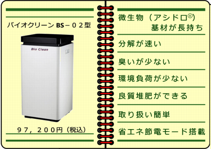 家庭用バイオ式生ごみ処理機バイオクリーンBS-02 処理能力1日２kg