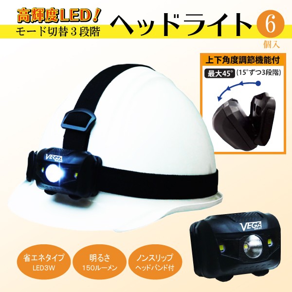 6個セット】高輝度LEDヘッドライト 3W 3モード ヘルメット装着可