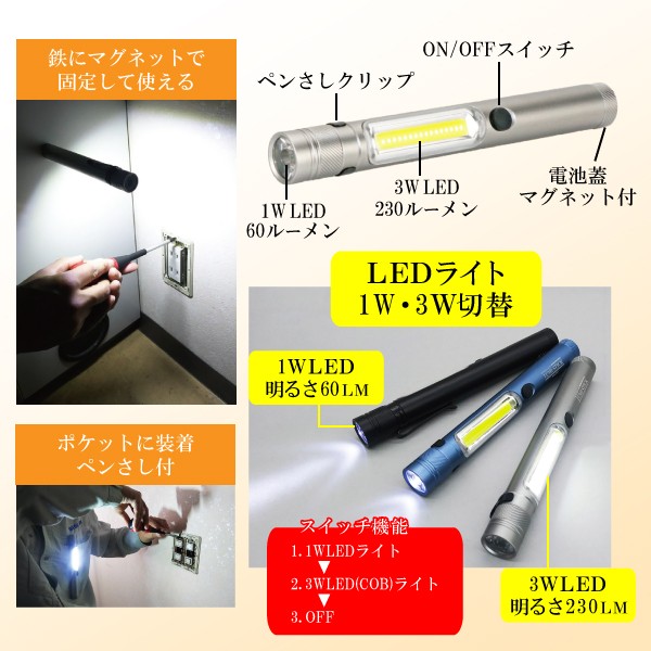 マグネット付き LED ライト 照明 器具 ランプ 作業用 作業灯 小型 電池