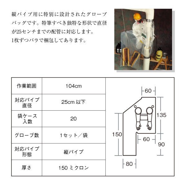 アスベスト 処理 グローブバッグ 直径25cmまで 20枚入 石綿除去 縦パイプ用 配管断熱材 工事 手袋付 ポリエチレン ポリシート 養生 掃除