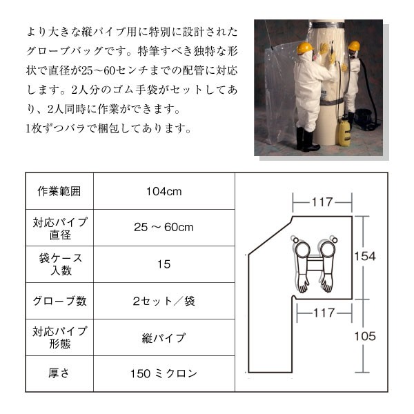 アスベスト 処理 グローブバッグ 直径25cm〜60cmまで 15枚入 石綿除去 縦パイプ用 配管断熱材 工事 手袋付 ポリエチレン ポリシート 養生 掃除