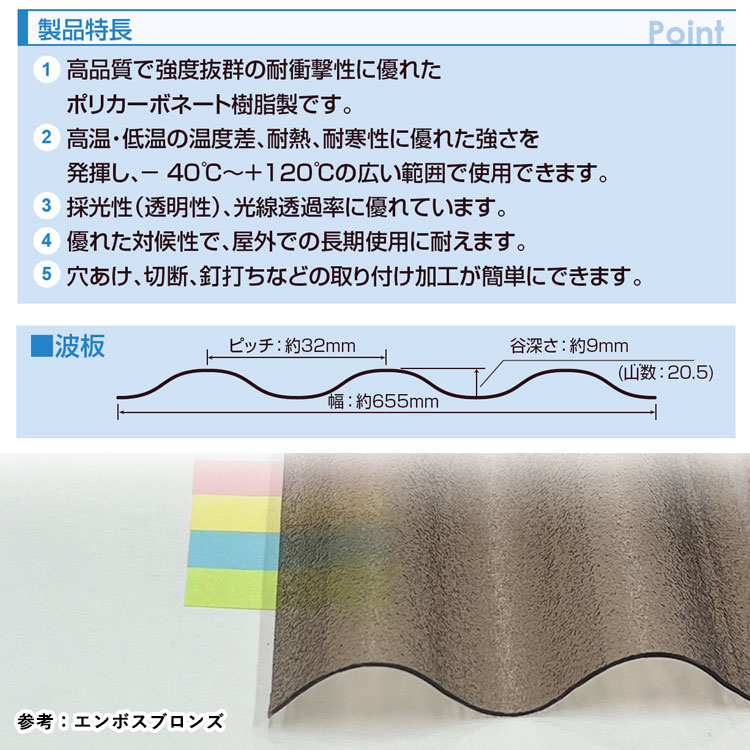 ポリカ 波板 屋根材 8尺 10枚 アイリスオーヤマ 熱線カット 波板ポリカ ポリカーボネート 2,420mm×655mm 板厚0.7mm ノンJIS 関連画像1