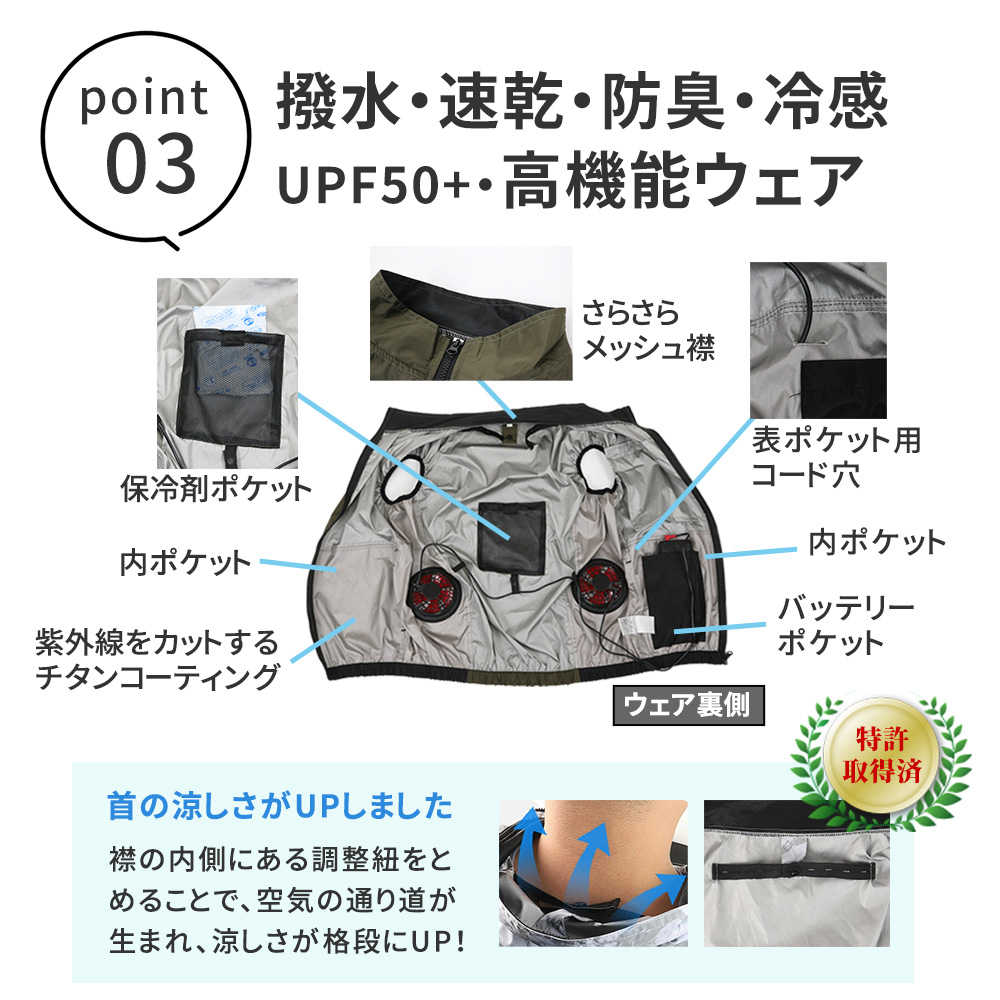撥水・速乾・防臭・冷感高機能ウェア・メッシュ襟・保冷剤ポケット・内ポケット・紫外線をカットするチタンコーティング