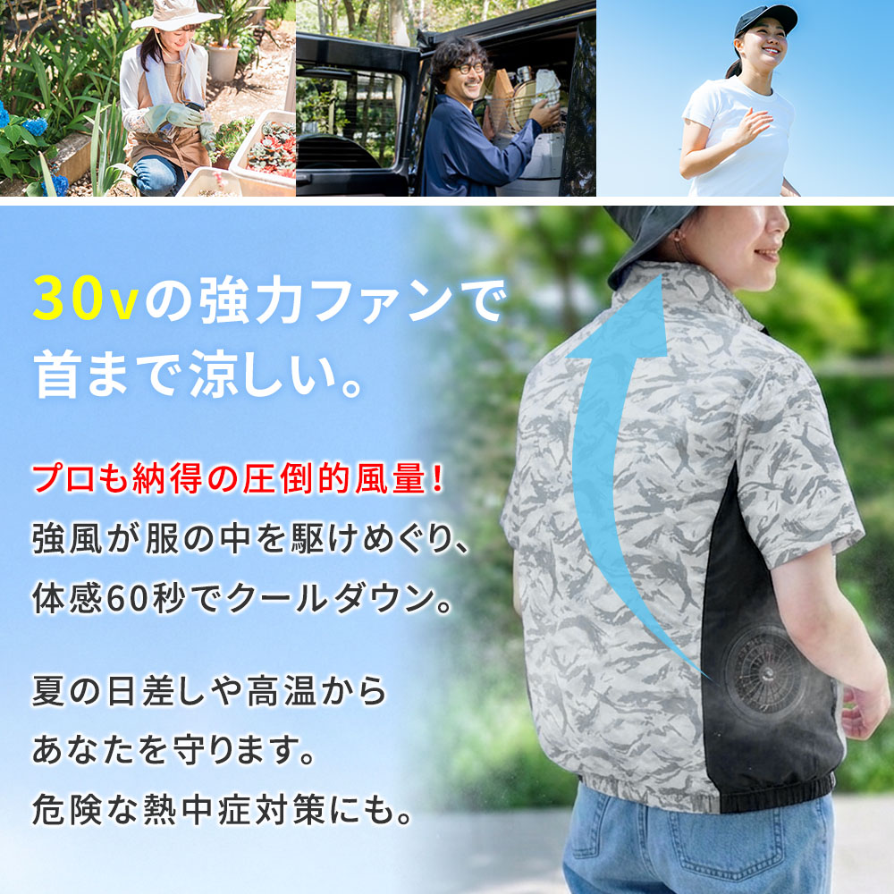 空調作業服 空調ウェア フルセット 半袖 ファン付き バッテリー 30V