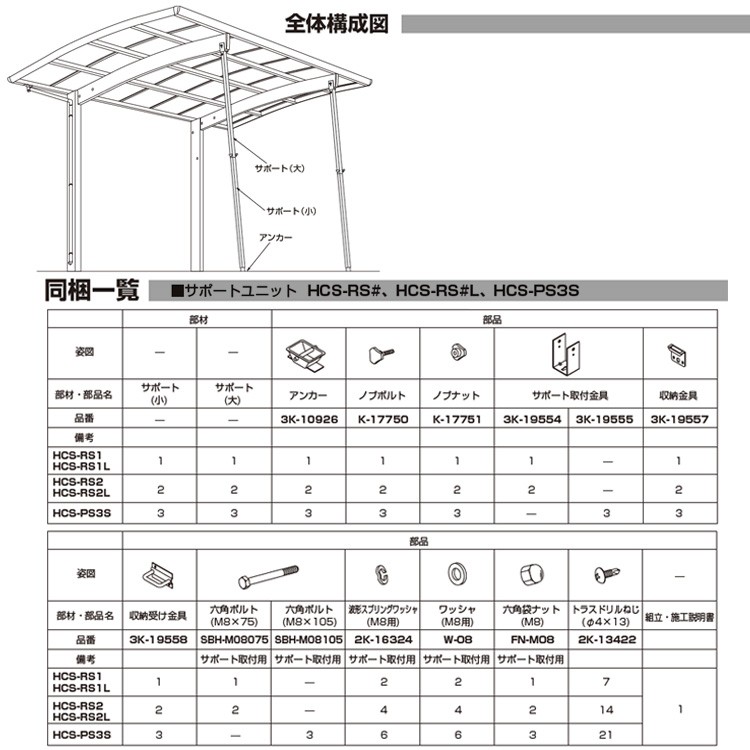 カーポート サポート柱 カーポート 補助柱 着脱式 着脱 1本入 標準