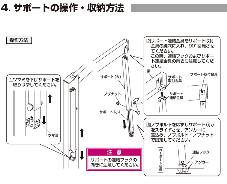 カーポート サポート柱 カーポート 補助柱 着脱式 着脱 2本入 標準