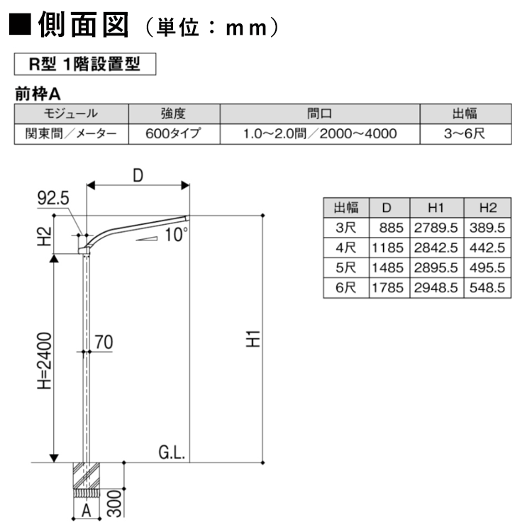 側面図（アール型、3～6尺）