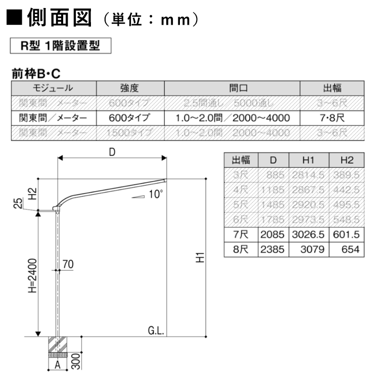 側面図（アール型、7～8尺）