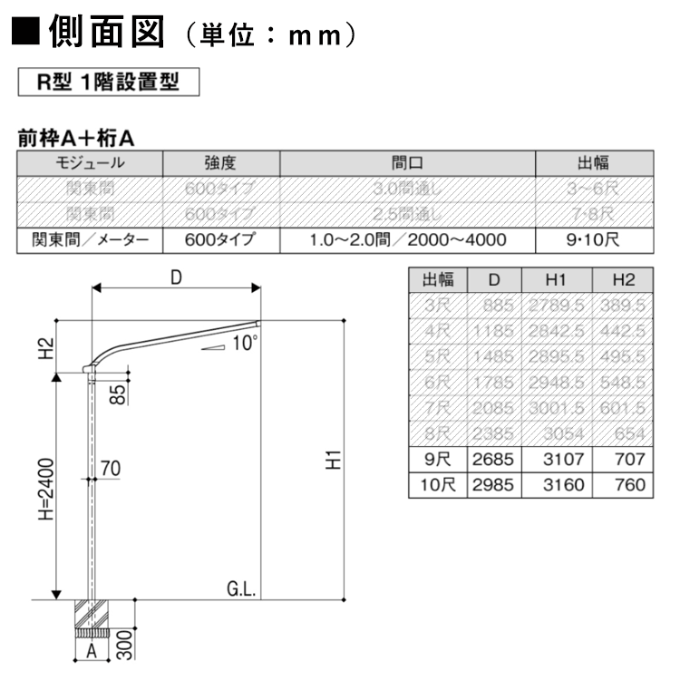 側面図(アール型、9~10尺)