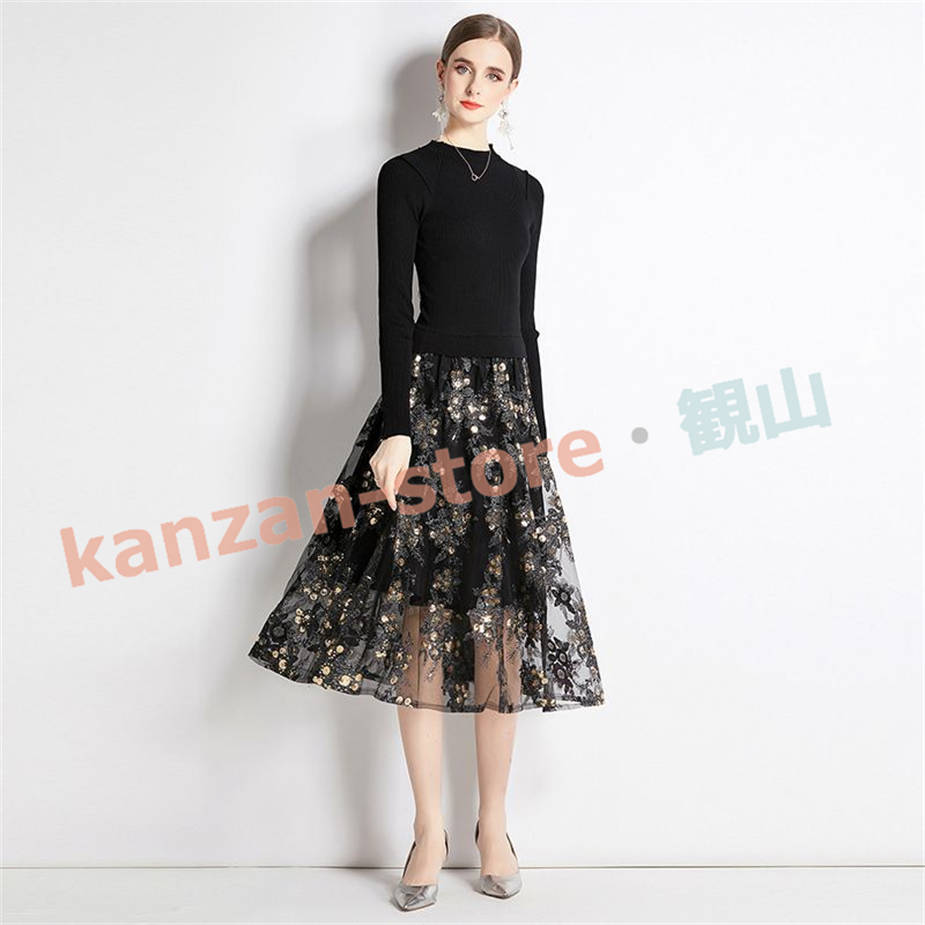 結婚式ワンピース ニット ワンピース 花柄刺繍 ニットワンピース