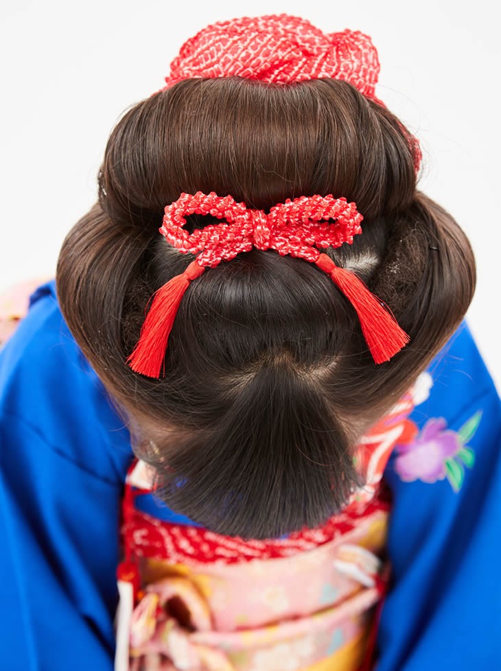 七五三 髪飾り 正絹の結綿かのことチンコロ房付のセット 赤 日本製 753 