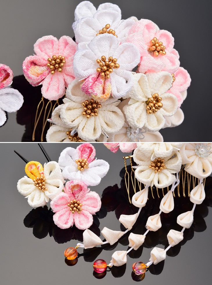 かんざし2点セット 753 菊 梅 花 つまみかんざし シルク ちりめん 髪飾り 髪留め ヘアアクセサリー 結婚式 婚礼 パーティー 浴衣 ゆかた 着物 東京伝統工芸マーク