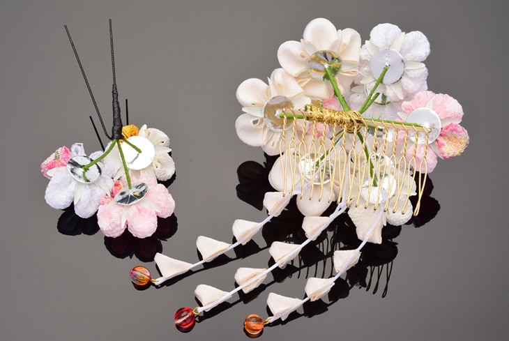 かんざし2点セット 753 菊 梅 花 つまみかんざし シルク ちりめん 髪飾り 髪留め ヘアアクセサリー 結婚式 婚礼 パーティー 浴衣 ゆかた 着物 東京伝統工芸マーク