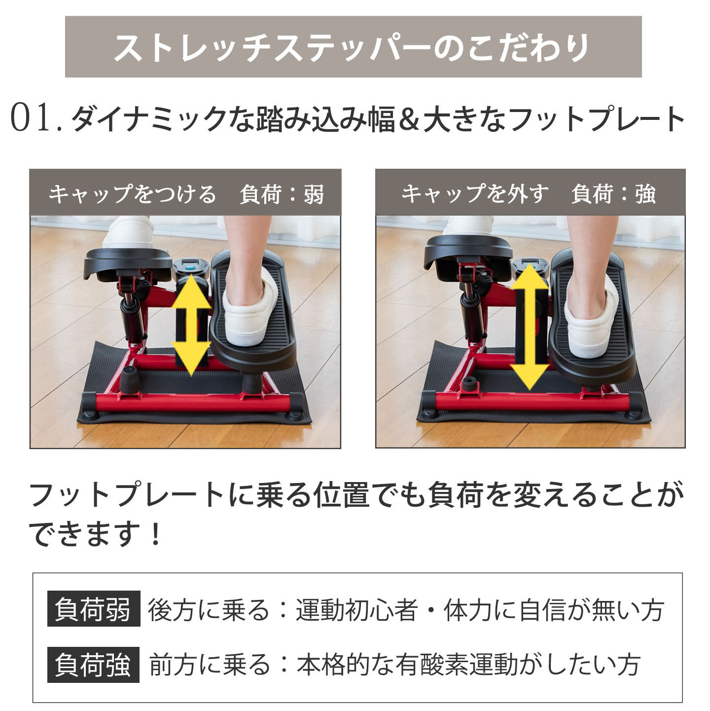 ストレッチステッパーのこだわり　その1　ダイナミックな踏み込み幅＆大きなフットプレート