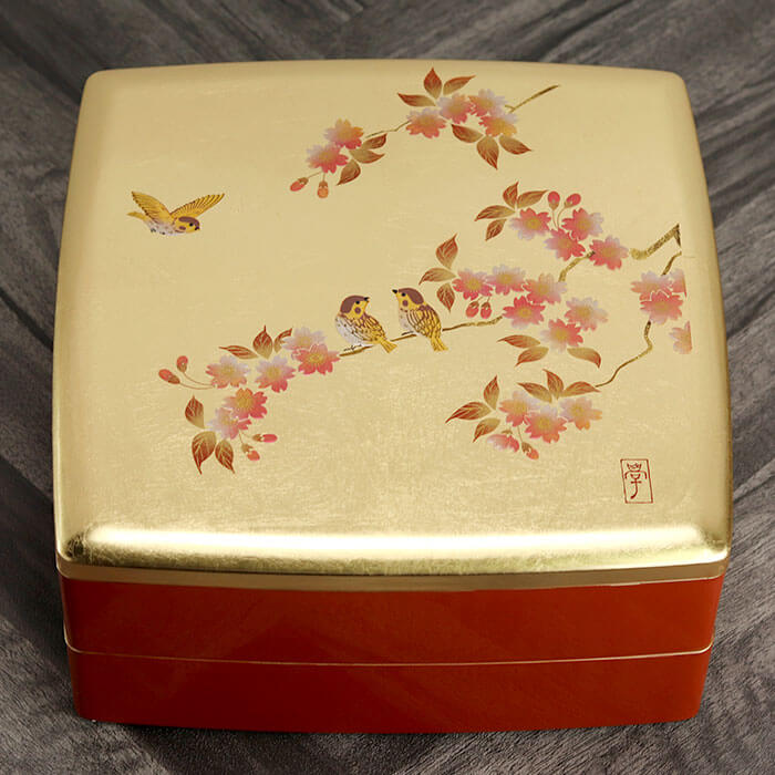 u*b様 遠藤桑珠『夕照』二重箱 共箱 太巻 美品 金落款 日展参与 掛軸241 重箱 二段 日本製 国産 お重 8.0 胴張 オードブル 箔工芸 花鳥 中子4個