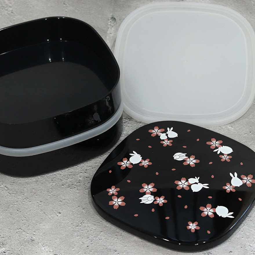 重箱 二段 2段 くつわ型 オードブル 桜うさぎ 黒 シール中蓋付き