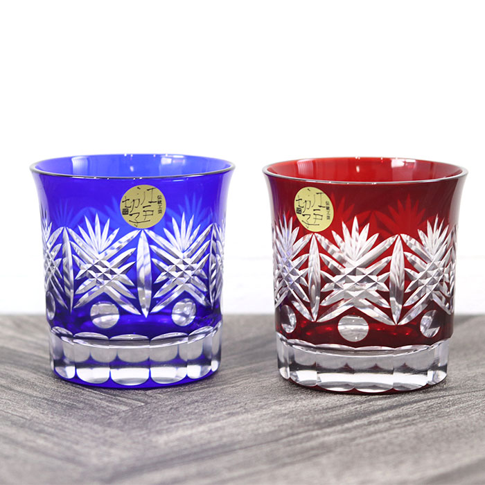 切子グラス ペア 日本製 国産 江戸切子 西陣 オールドグラス ルリ アカ