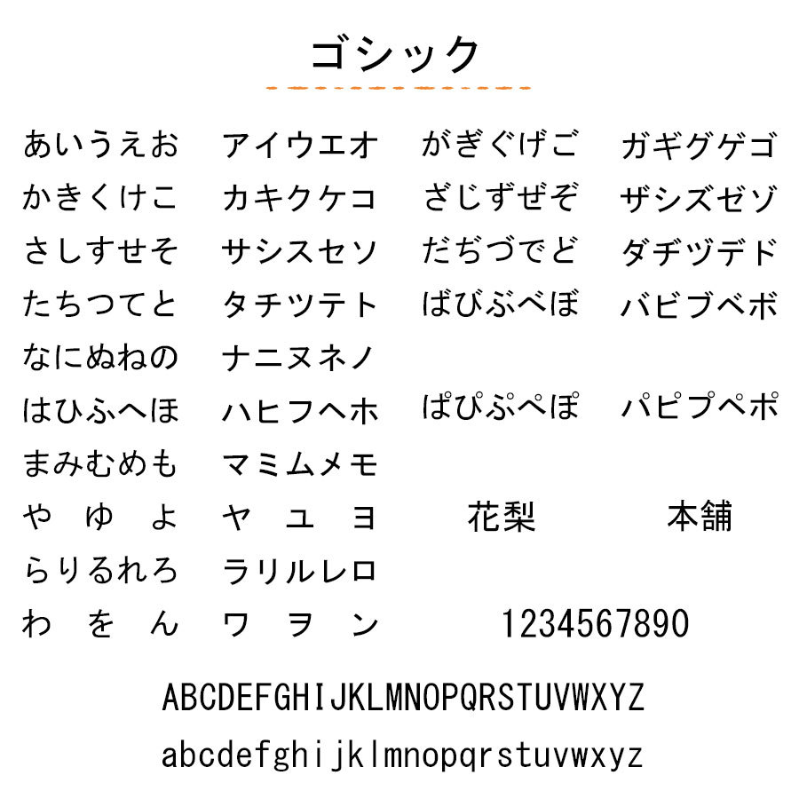 かりん本舗・名入れ文字の7書体見本