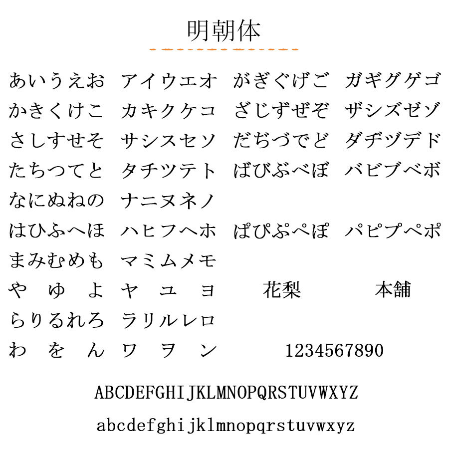 かりん本舗・名入れ文字の7書体見本