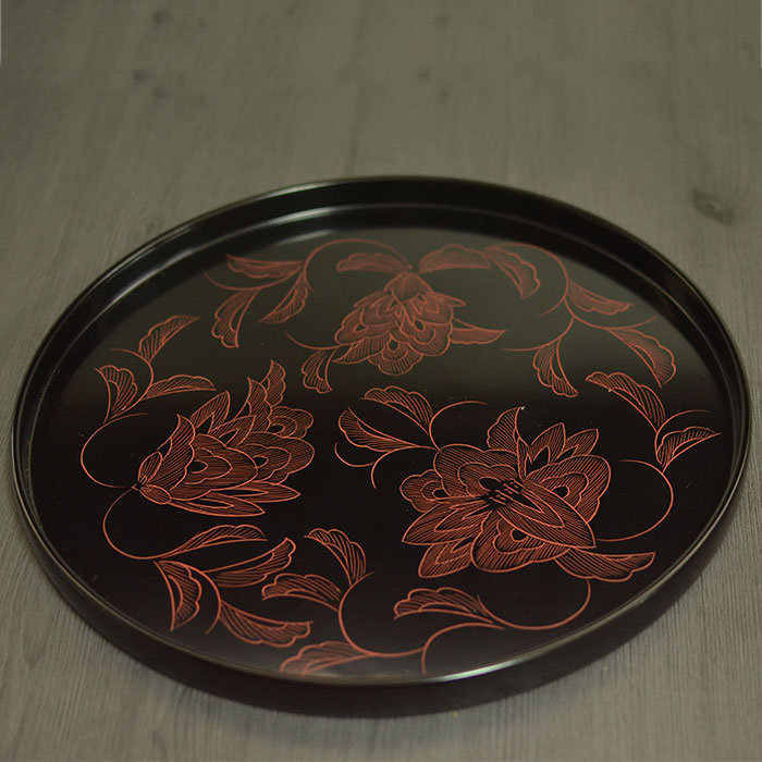 木製 お盆 トレー 牡丹柄 丸盆 約33cm : 曲げわっぱ弁当箱の漆器かりん