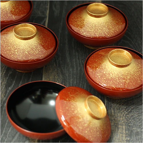 フタ付き雑煮椀 朱 金散らし 40平富士椀 5客セット 越前漆器 日本製 フタ付き雑煮椀 朱 金散らし 40平富士椀 5客セット 越前漆器 日本製