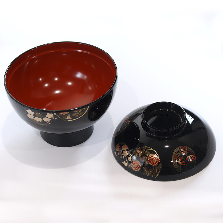 雑煮椀 フタ付き 日本製 国産 会津漆器 雅花丸 黒 箱入り おしゃれ かわいい お正月 雑煮 椀 蓋 付き フタ ふた ぞうに 吸い物 吸物椀｜karinhonpo2951｜03