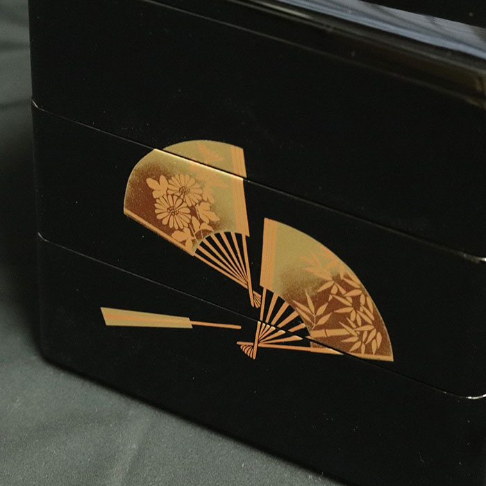 重箱 3段 日本製 国産 会津漆器 6.5 三段本重 雅扇面 黒 内朱 6.5寸 5