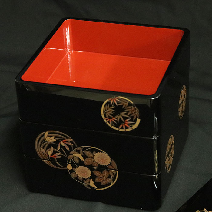 重箱 3段 日本製 国産 会津漆器 6.5 三段本重 雅花丸 黒 内朱 6.5寸 5