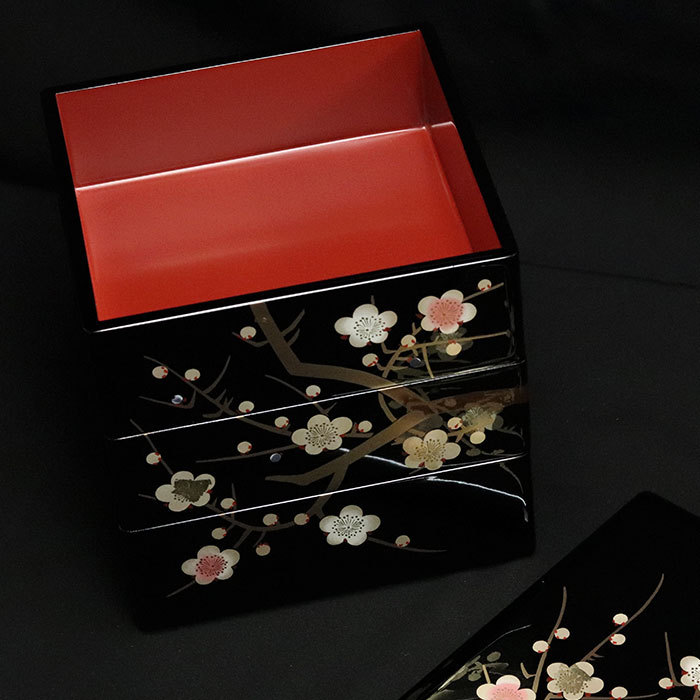木製漆器　3段重箱　焼金　蒔絵　枝梅　6.5寸　会津ぬ里 木製漆器 3段重箱 焼金 蒔絵 枝梅 6.5寸 会津ぬ里 木製漆器 3段重箱 焼