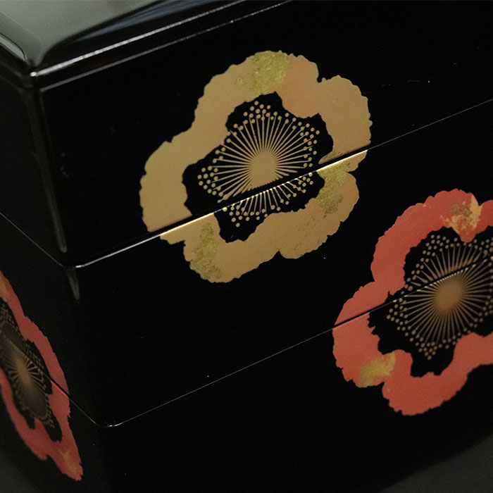 重箱 3段 日本製 国産 会津漆器 6.0 三段重共足 金彩梅 黒 内朱