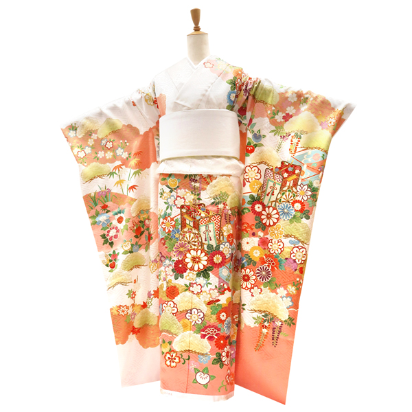 20%OFFセール 振袖 白 ピンク 仕立て付き 十日町有名染匠 新品 購入 販売 古典柄 御所車 雲取り 正絹 友禅 フォーマル 成人式 f-267_1