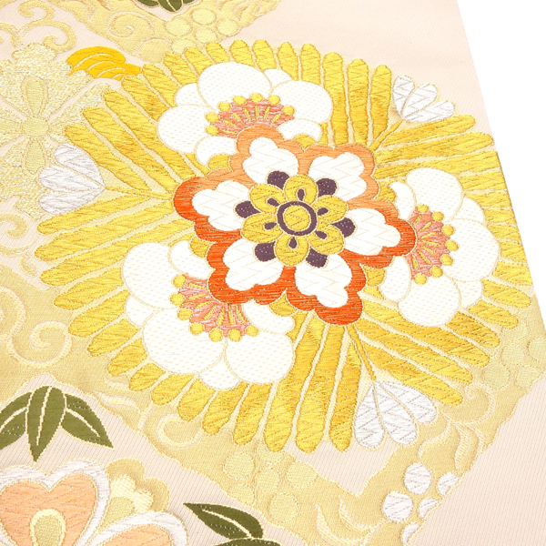 絲屋善創 袋帯 振袖用 仕立て付き ベージュ 金 正絹 松竹梅 華文 花菱 新品 購入 販売 帯 成人式 礼装用 フォーマル 古典柄 振袖 ffo-492の画像