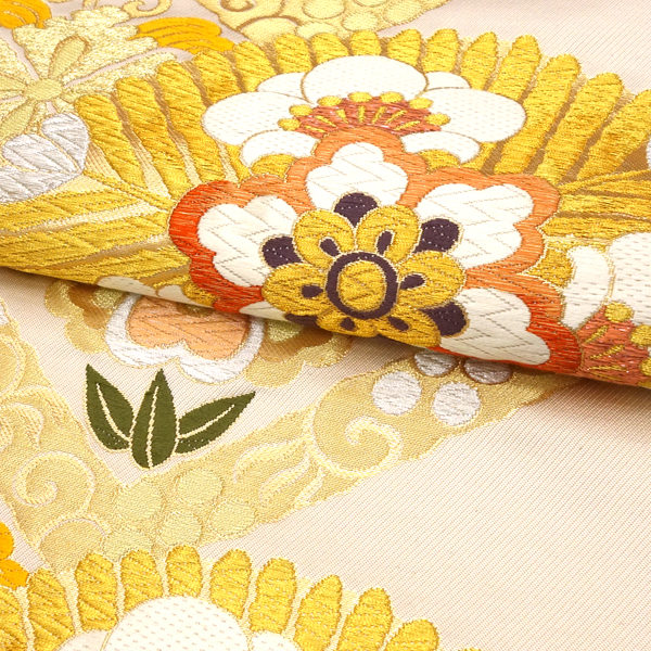 絲屋善創 袋帯 振袖用 仕立て付き ベージュ 金 正絹 松竹梅 華文 花菱 新品 購入 販売 帯 成人式 礼装用 フォーマル 古典柄 振袖 ffo-492の画像