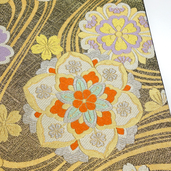 廣部商事 振袖用 袋帯 黒 金 ゴールド 仕立て上がり 流水 宝相華 桜 菊