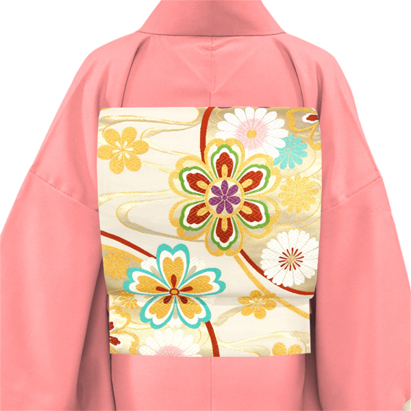 振袖袋帯 都（みやこ） 仕立て付き 白 振袖用 成人式 花の丸 華文 絹 新品 購入 販売 未仕立て 西陣織 帯 礼装用 フォーマル 古典柄 ffo-527の画像