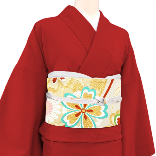 振袖袋帯 都（みやこ） 仕立て付き 白 振袖用 成人式 花の丸 華文 絹 新品 購入 販売 未仕立て 西陣織 帯 礼装用 フォーマル 古典柄 ffo-527の画像