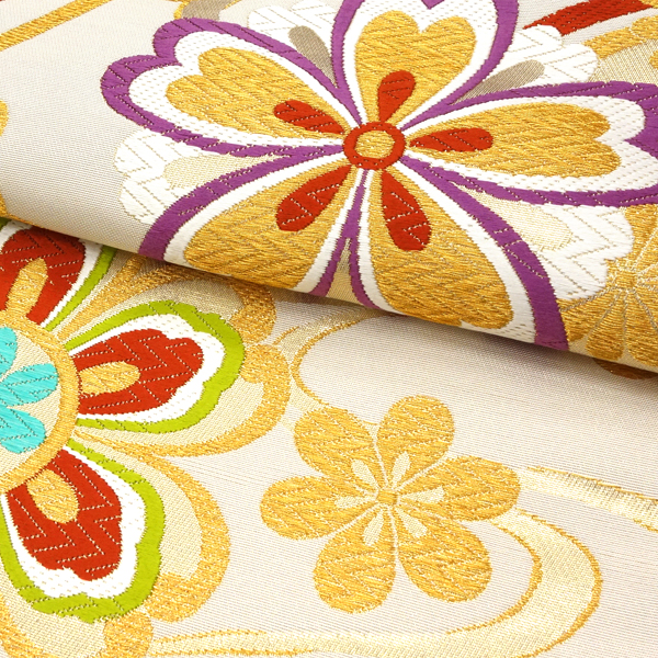 振袖袋帯 都（みやこ） 仕立て付き 白 振袖用 成人式 花の丸 華文 絹 新品 購入 販売 未仕立て 西陣織 帯 礼装用 フォーマル 古典柄 ffo-527の画像