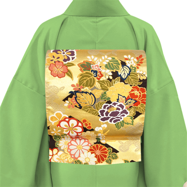 15%クーポンあり となみ織物 袋帯 振袖用 仕立て付き 金色 絹 松皮菱 四季花 新品 購入 販売 帯 成人式 結婚式 礼装用 フォーマル 古典柄 織文唐織 ffo-584の画像