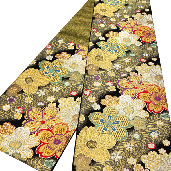 20%OFFセール 廣部商事 振袖用 袋帯 黒 仕立て上がり 桜 流水 振袖帯
