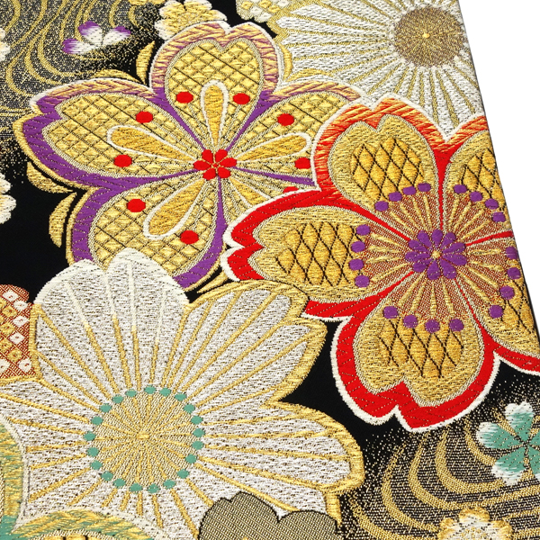 振袖用 袋帯 成人式 フォーマル 正絹 結婚式 美品 二十歳 花 obi213 20%OFFセール 廣部商事 振袖用 袋帯 黒 仕立て上がり 桜 流水 振袖帯