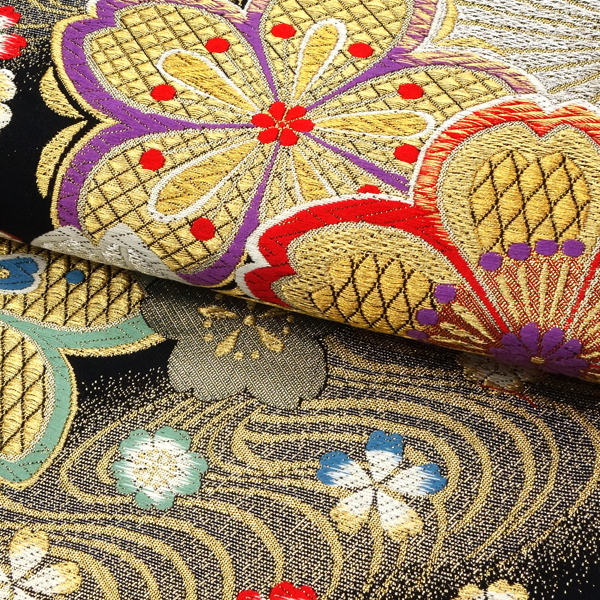 20%OFFセール 廣部商事 振袖用 袋帯 黒 仕立て上がり 桜 流水 振袖帯