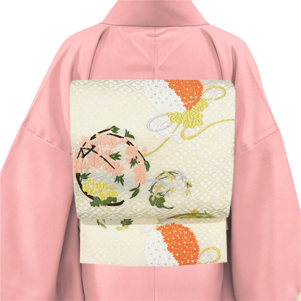 山口美術織物 唐織袋帯 白 アイボリー 仕立て付き 正絹 西陣織 フォーマル 新品 購入 販売 吉祥五節句文 花の丸 薬玉 絹 皇室御用達 fo-1119の画像