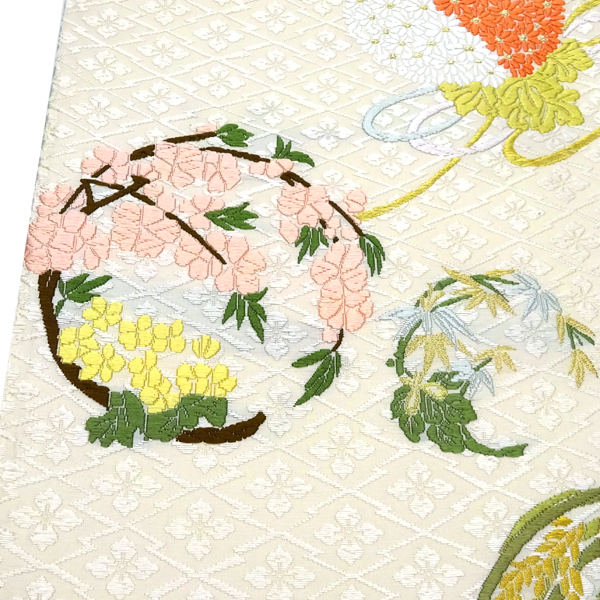 山口美術織物 唐織袋帯 白 アイボリー 仕立て付き 正絹 西陣織 フォーマル 新品 購入 販売 吉祥五節句文 花の丸 薬玉 絹 皇室御用達 fo-1119の画像