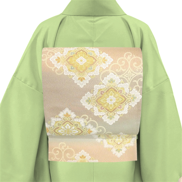 袋帯 絹 志都香 仕立て付き 帯 ピンク 青緑 フォーマル お茶会 礼装用 新品 販売 購入 西陣織 礼装 未仕立て 花菱 fo-1134の画像