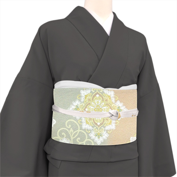袋帯 絹 志都香 仕立て付き 帯 ピンク 青緑 フォーマル お茶会 礼装用 新品 販売 購入 西陣織 礼装 未仕立て 花菱 fo-1134の画像