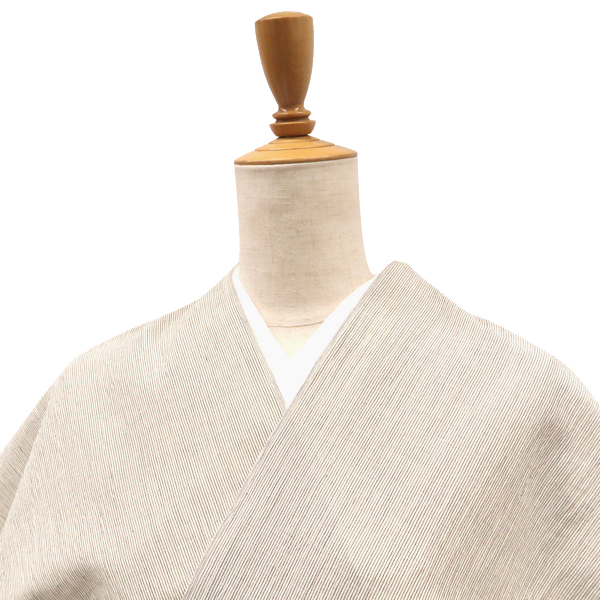 夏着物 仕立て付き 綿麻 新品 購入 販売 縞 亜麻色 生成り 未仕立て 着尺 反物 カジュアル お洒落着 7月 8月 盛夏 幅広 女物 男物 ktn-185の画像